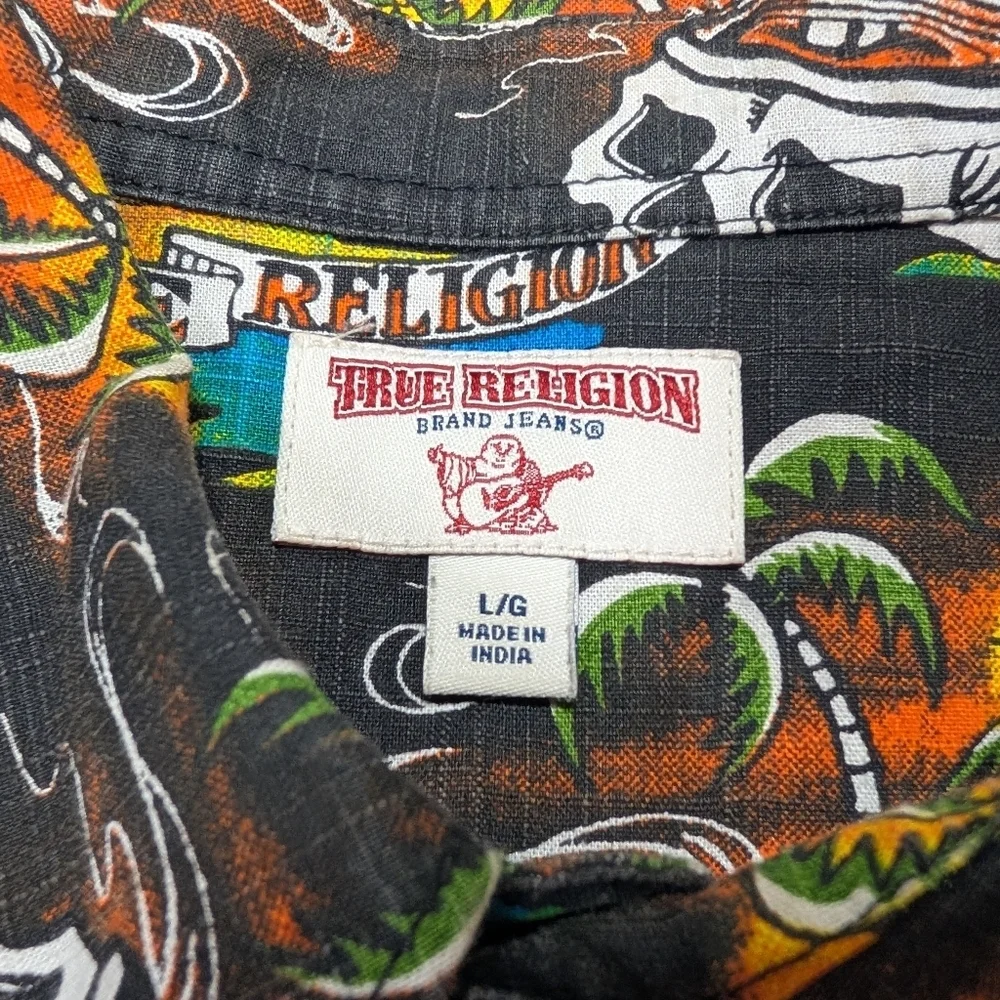 True Religion Shirt Mens L Black Skull Hawaiian Utility Short Sleeve Travel